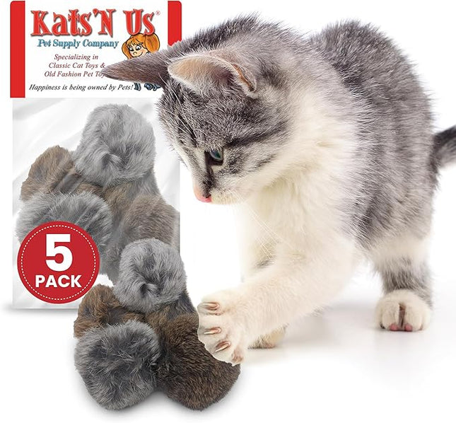 Kats'N Us 2 Inch Real Rabbit Fur Pom Pom Cat Toys – Pack of 5 Soft Gray Furry Balls, Natural Prey-Like Interactive Play, Hunting Instinct Exercise & Training Toys for Indoor Cats