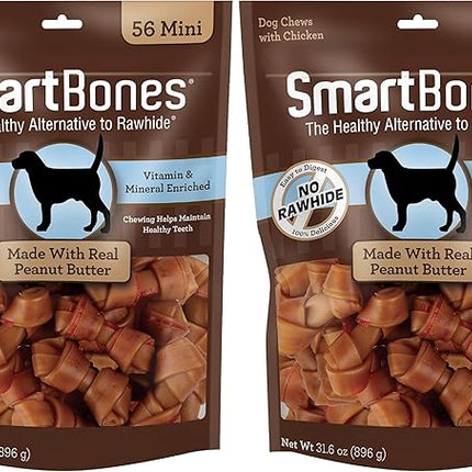 SmartBones Mini Bones with Real Peanut Butter 56 Count, Rawhide-Free Chews for Dogs (Pack of 2)