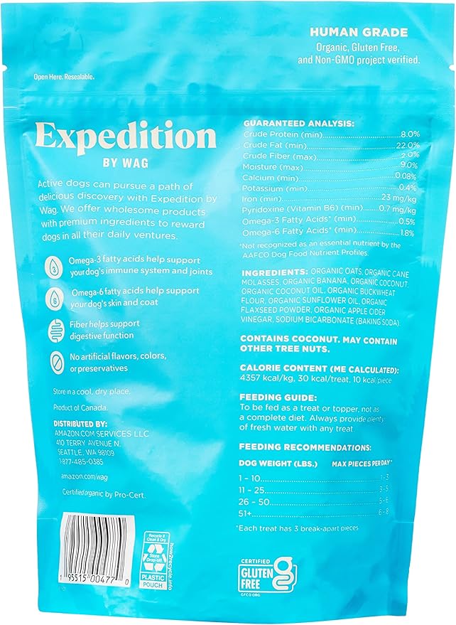 Amazon Brand - Wag Expedition Human Grade Organic Biscuits Dog Treats, Non-GMO, Banana & Coconut, 10oz