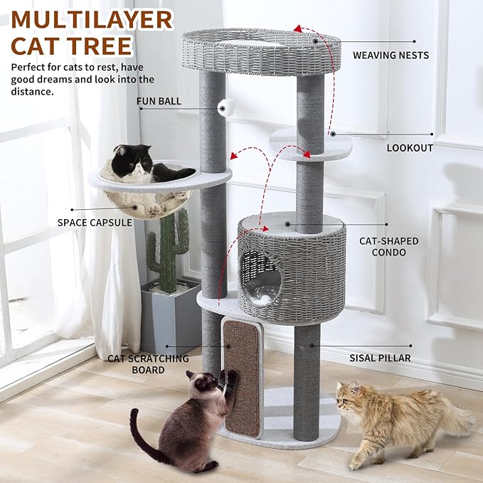 Cat Tree with Cat Scratching Post for Multiple Cats, Natural Wood Cat Tower with Handwoven Sisal Posts, Extra Thick Sturdy Base, Multi-Level Perches and Plush Condos for Indoor Cats (Grey, 50+in)