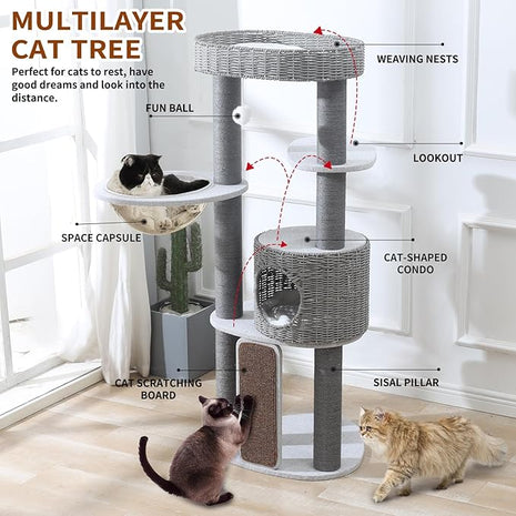 Cat Tree with Cat Scratching Post for Multiple Cats, Natural Wood Cat Tower with Handwoven Sisal Posts, Extra Thick Sturdy Base, Multi-Level Perches and Plush Condos for Indoor Cats (Grey, 50+in)