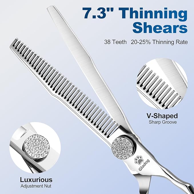 GLADOG Luxury Dog Grooming Scissors Set - 7" Straight, 6.5" Thinning, 7" Chunkers, 7" Curved - 9CR Steel, Silver Luxe, Right Hand, Plastic Handle, 4 Count