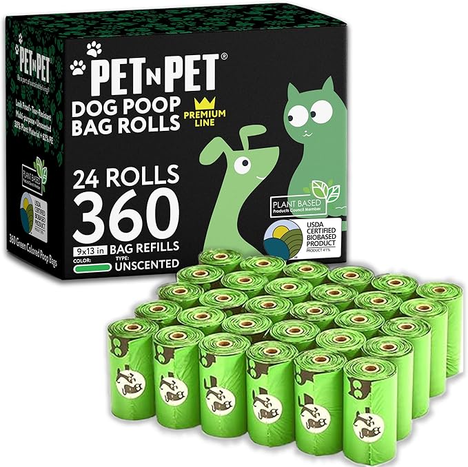 Pet N Pet 360 Counts, Unscented Dog Poop Bags Rolls, 38% Plant Based & 62% PE Poop Bags For Dogs, 24 Rolls Extra Thick Dog Waste Bag, Doggie Poo Bag