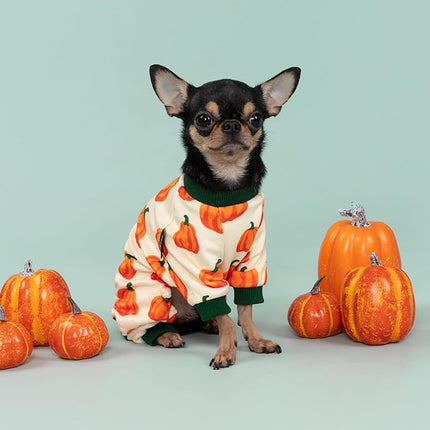 Fitwarm Pumpkin Dog Pajamas, Thanksgiving Outfit for Small Dogs Boy Girl, Fall Pet Clothes, Beige, Orange, Green, XL
