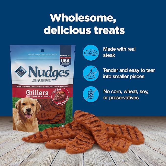 Blue Buffalo Nudges Grillers Natural Dog Treats, Made in the USA with Real Steak, 5-oz Bag