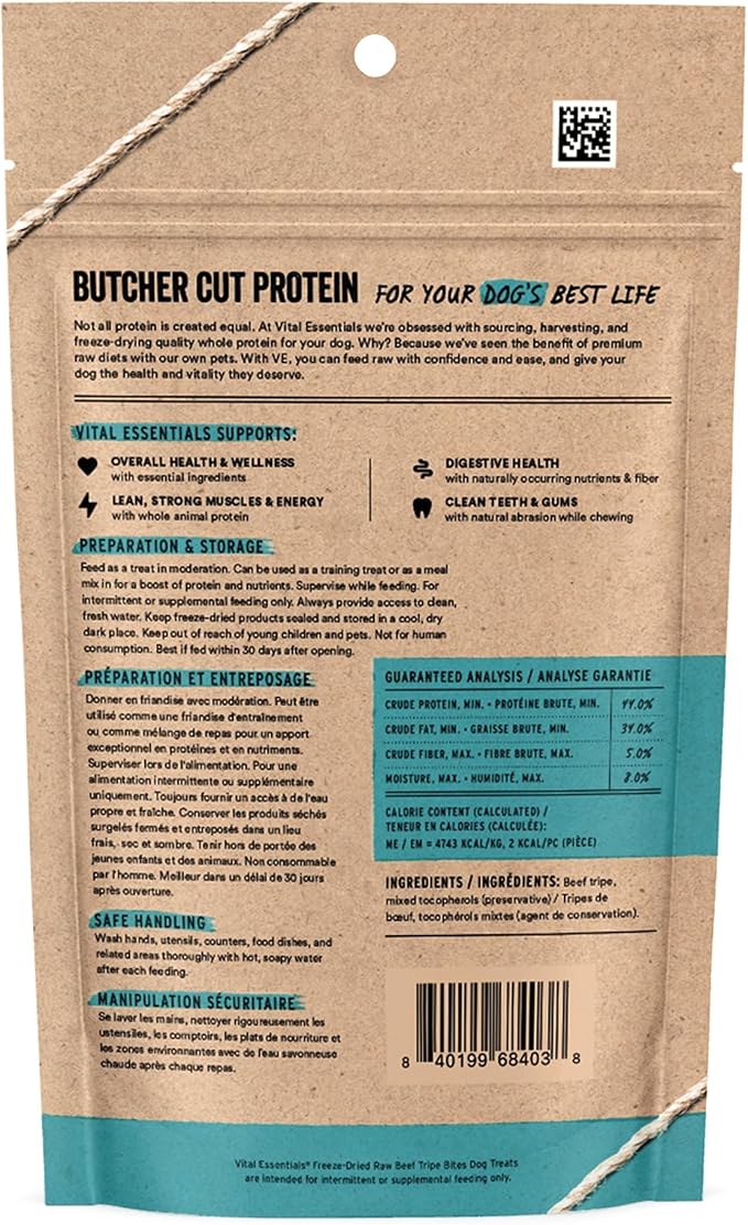 Vital Essentials Beef Tripe Bites Dog Treats, 2.3 oz | Freeze-Dried Raw | Single Protein | Premium Quality High Protein Training Treats | Grain Free, Gluten Free, Filler Free