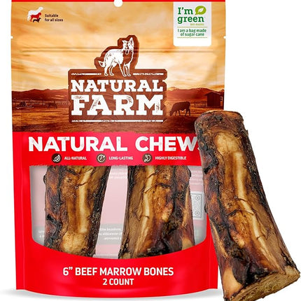 Natural Farm Dog Bones for Large Dogs (5-6 Inch, 2-Pack), 100% Beef Bone Marrow Dog Treats, High in Minerals & Vitamins, Grain-Free, Long-Lasting Bones Chews, Supports Dental Health
