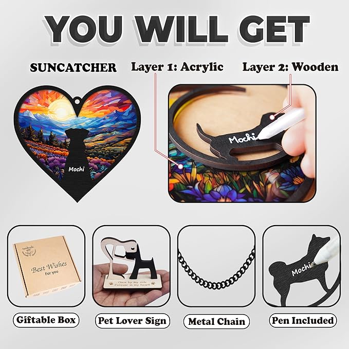 6'' Dog Heart Memorial Suncatcher Custom Name Dog Breed Pet Ornament Window Hanging Sympathy Gift Loss of Pet Passing Away Remembrance Gifts for Dog Lovers in Loving Memory H11-BLA-6-B1-07