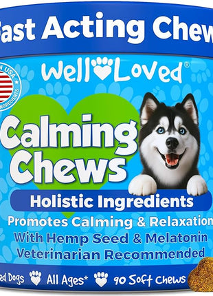 Calming Chews for Dogs - Dog Calm Treats, Made in USA, Vet Developed, Behavior Support, Stress, Separation, Fireworks, Travel, Melatonin, Natural & Holistic, 90 Count