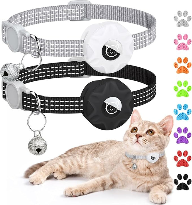 Apple AirTag Cat Collar, GPS Tracker with Reflective Breakaway Holder and Bell, Lightweight for Cats (Black/Gray)