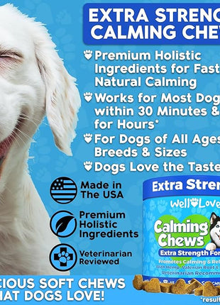 Calming Chews for Dogs - Dog Calm Treats, Made in USA, Vet Recommended, Behavior Support with Melatonin & Hemp, Stress, Separation, Fireworks, Travel, Extra Strength
