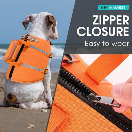 Queenmore Dog Life Jacket - Adjustable Swim Vest with Rescue Handle, Zipper (Orange, M)