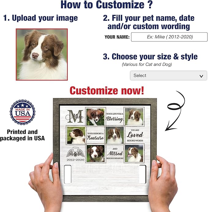 Customized Pet Memorial Frame Wooden Dog Heartfelt Gift Deceased Personalized Dog Loss Sign Remembrance Animal Passing Away Puppy Picture Frames Gifts for Pet Owners Christmas Tabletop Plaque