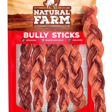 Natural Farm Odor-Free Braided Bully Sticks (12 Inch, 5 Pack) - 100% Grass-Fed Beef, Grain-Free, Low Fat & Fully Digestible Best Dental Treats - Safest Long Lasting Pizzle Chews to Keep Your Dog Busy