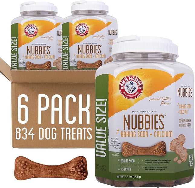 Arm & Hammer for Pets Nubbies Dental Treats for Dogs with Baking Soda and Calcium, Treat Chews Help Fight Bad Breath, Plaque & Tartar, Peanut Butter, Value Bucket, 139 Pcs, 6-pk (Packaging May Vary)