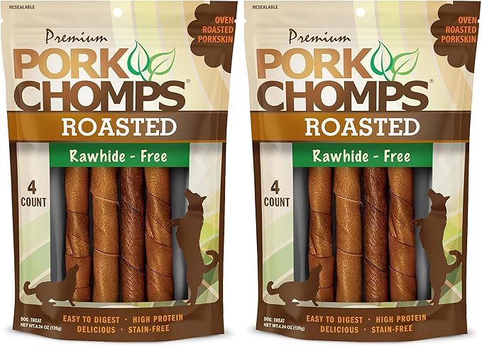 Pork Chomps Roasted Pork Skin Dog Chews, 6-inch Twists, 4 Count (Pack of 2)