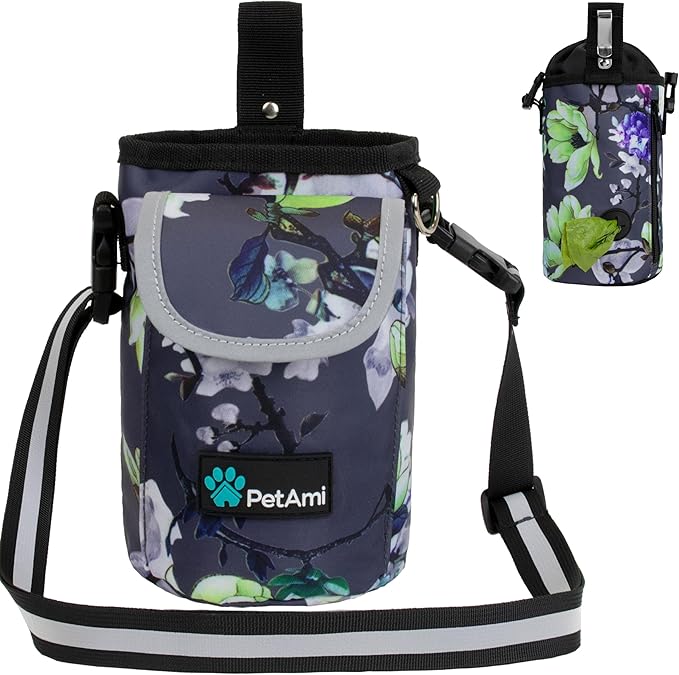 PetAmi Dog Treat Pouch, Large Pet Training Treat Pouch with Pocket, Dog Trainer Essentials Supply Holder with Poop Bag Dispenser, Training Bag for Kibbles Toys, 3 Ways to Wear (Floral Grey)