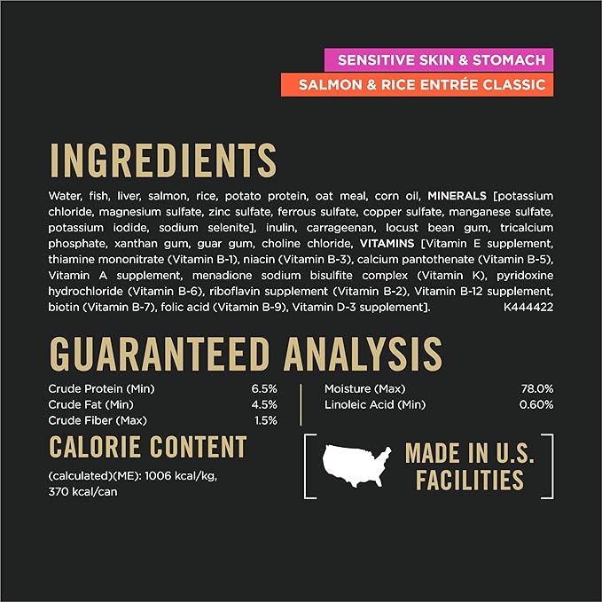 Purina Pro Plan Sensitive Skin and Stomach Dog Food Wet Classic Pate Salmon and Rice Entrée - (Pack of 12) 13 oz. Cans