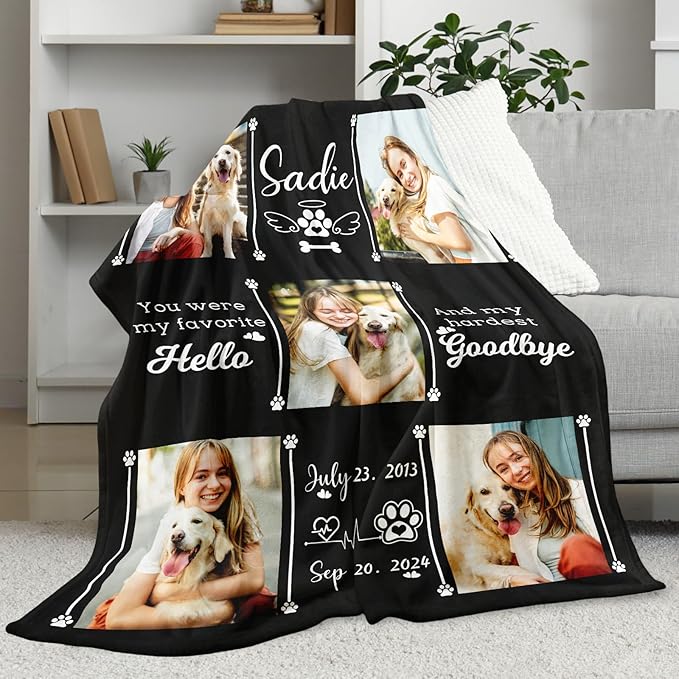 Ship Next Day,Pet Memorial Blanket Gift - Print in USA,Personalized Dog Memorial Blanket with Photo Name, Pet Sympathy Gifts for Dogs Lovers, Custom Loss of Dog Blankets, Remembrance Bereavement Gifts