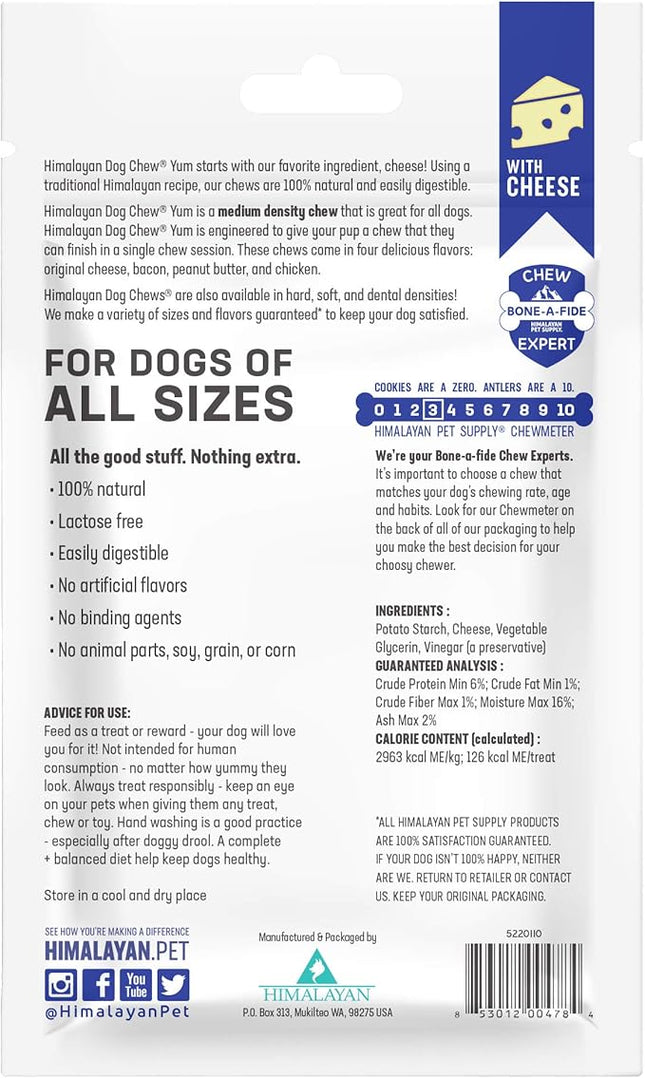 Himalayan Dog Chew Yak Cheese Dog Chews, Lactose Free & Grain Free, USA Made, for All Dog Breeds, Medium Density Cheese Chew, Resealable Pouch with 3 YUM Treats, Cheese Flavor