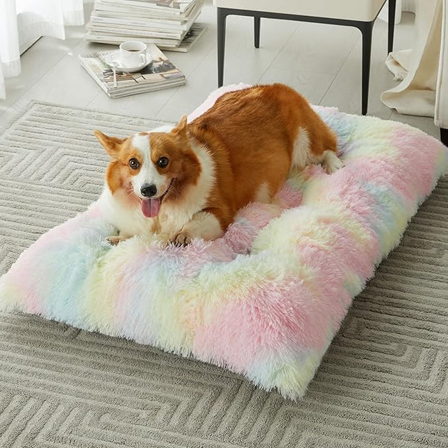 BFPETHOME Dog Beds for Large Dogs, Plush Dog Crate Bed Fluffy Cozy Kennel Pad for Sleeping &Ease Anxiety, Washable Pet Mats with Anti-Slip Bottom for Large Medium Dogs, Pet Bed, Rainbow