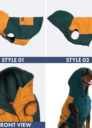 Spark Paws Reversible Fleece Dog Jacket, Hooded Sweater Vest, Warm Coat for Winter - Suitable for Small Medium Large XL XXL Dogs - Orange and Green - M