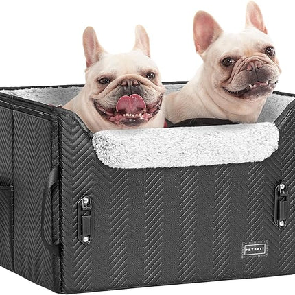 PETSFIT Dog Car Seat Medium Sized Dog, Waterproof PU Leather Dog Seat for Car with Patented Safe Buckles, 2 Clip-On Safety Leashes, Suitable for 2 Small Dogs (Medium, Black)