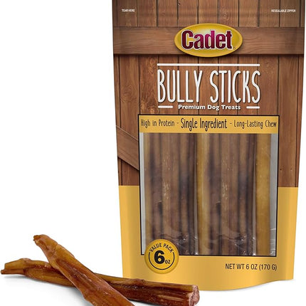 Cadet Bully Sticks for Small Dogs – All-Natural Beef Pizzle, High Protein, Low Fat, Long-Lasting, Grain & Rawhide-Free Dog Chews for Aggressive Chewers, Small (6 Ounce)
