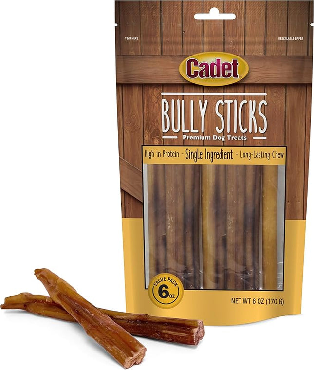 Cadet Bully Sticks for Small Dogs – All-Natural Beef Pizzle, High Protein, Low Fat, Long-Lasting, Grain & Rawhide-Free Dog Chews for Aggressive Chewers, Small (6 Ounce)