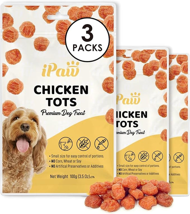 iPaw Chicken Tots Dog Treats for Puppy Training, All Natural Human Grade Dog Treat, Hypoallergenic, Easy to Digest (Chicken Tots), 3 Packs