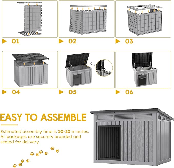 Large Chicken House Outdoor Indoor for Medium Large Dogs, Durable Plastic Waterproof Chicken House with Air Vents and Elevated Floor, Easy Clean and Assemble (Grey, 42.8" L x 33" W x 31.5" H)