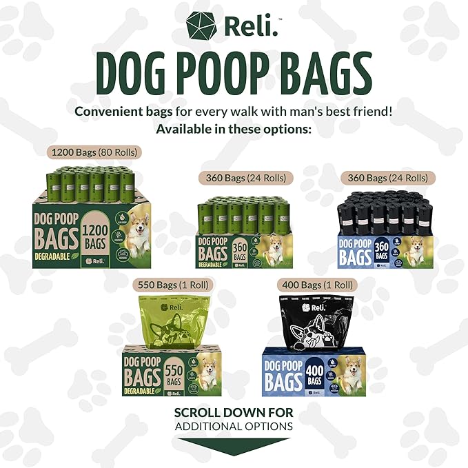 Reli. Biodegradable Dog Poop Bags w/Holder (1200 Count - 80 Rolls Bulk) | Leash Clip Dispenser | 9x13" Large Dog Bags for Poop | Green Eco-Friendly Oxobiodegradable Waste Disposal Refills (Unscented)