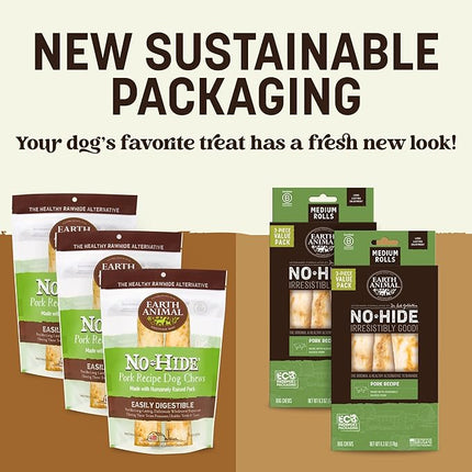 Earth Animal No Hide Chews - Long Lasting Rawhide Free Medium Dog Chews Rolls, Pork - 6 Count