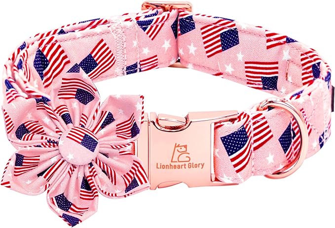 Lionheart glory American Flag Dog Collar 4 of July Dog Collars with Flower Independence Patriotic Dog Flower Collars Heavy Duty Adjustable Collar Flower for Small Dogs Pet Gift