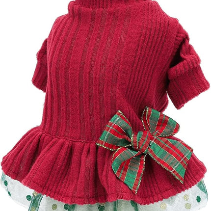 Fitwarm Knitted Dog Tulle Sweater Dress, Winter Clothes for Small Dogs, Female Pet Apparel, Red & Green, Medium