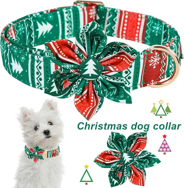 ARING PET Christmas Dog Collar, Cute Folk Xmas Red Green Detachable Flower Pet Collars with Metal Buckle for Puppy Small Medium Large Boy Girl Dogs-S