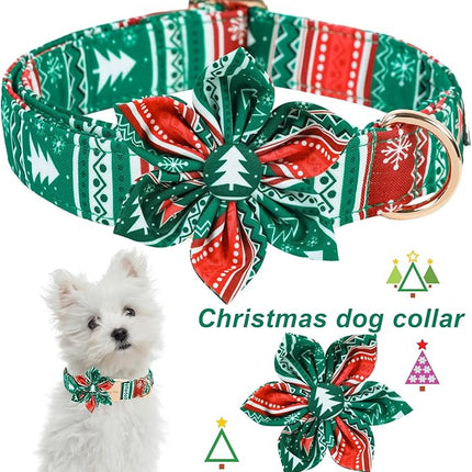 ARING PET Christmas Dog Collar, Cute Folk Xmas Red Green Detachable Flower Pet Collars with Metal Buckle for Puppy Small Medium Large Boy Girl Dogs-M