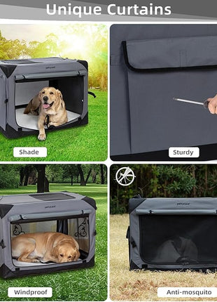 Pettycare 26 Inch Collapsible Dog Crate with Curtains Travel Dog Crate for Airflow and Calm Soft Pet Kennel with Portable Bag and More Chew Proof Mesh Indoor & Outdoor Grey 4 Door Curtains