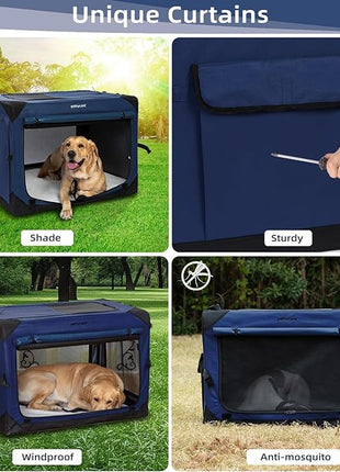 Pettycare 42 Inch Collapsible Dog Crate with Curtains Travel Dog Crate for Airflow and Calm Soft Pet Kennel with Portable Bag and More Chew Proof Mesh Indoor & Outdoor Navy Blue 4 Door Curtains