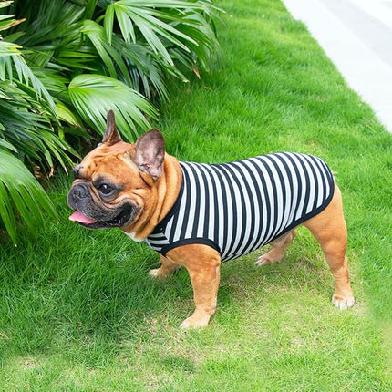 iChoue 2pcs French Bulldog Striped Shirts 100% Breathable Cotton Tank Tops Vests Clothes for Frenchie Dogs, Black and Green Stripes, Medium