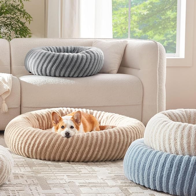 MIXJOY Donut Dog Bed for Small Dogs, Washable Donut Small Puppy Bed, Round Cat Beds with Anti Slip Bottom, Calming Dog Beds with Removable Zipper Cover, 23"x23"x8", White
