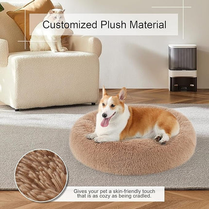 Dog Bed, Cat Calming Bed, Faux Fur Pillow Pet Donut Cuddler Round Plush Bed for Large Medium Small Dogs and Cats (Camel, 44.0" L x 44.0" W x 7.0" Th)