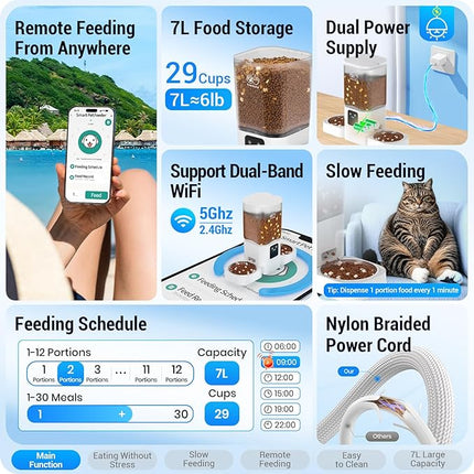 Automatic Cat Feeders 2 Cat with Slow Feed: 7L Dual Automatic Dog Feeder with 5G WiFi, Double Auto cat Food Dispenser for Multiple Pets, Detachable for Easy Clean - 29 Cup (ACF190W-B)