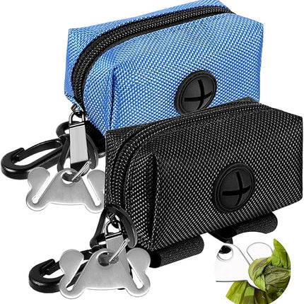 Dog Waste Bag Dispenser Pet Poop Bags Holder for Doggie Waste Bags Dispensers Soft Fabric Zipper Small Doggy Puppy Pouch for Leash Accessory Attachment with Carrier,2PCS Blue&Black