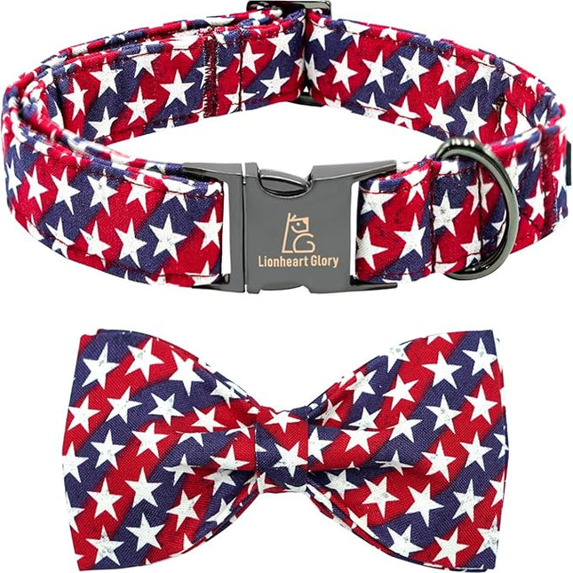 Lionheart glory American Flag Dog Collar 4 of July Independence Patriotic Dog Bow Collars Heavy Duty Adjustable Soft Collar with Bowtie for Small Dogs Pet Gift