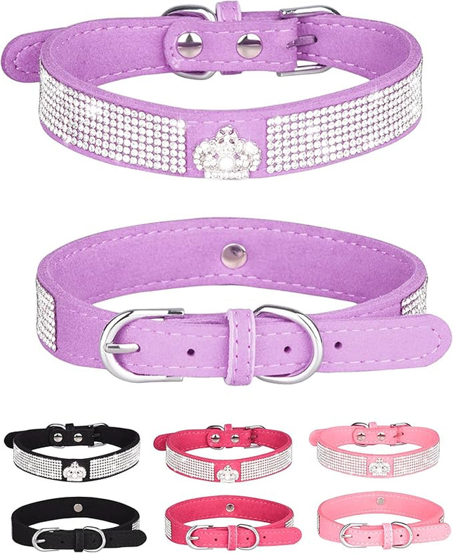 Dog Collar for Small Dogs, Adjustable Leather Suede Bling Dog Collars，Pink Dog Collar Cat Collar, Rhinestone Dog Collar (S, purple3)