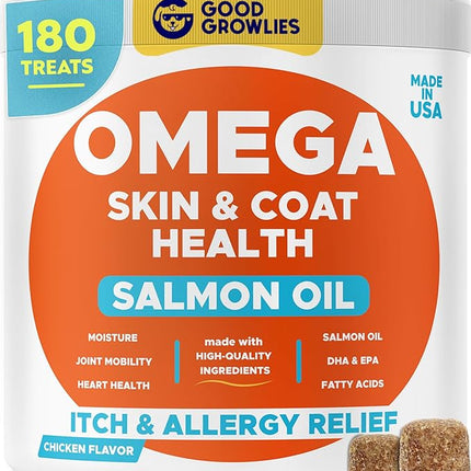 Omega 3 Fish Oil for Dogs (180 Ct) - Skin & Coat Chews - Dry & Itchy Skin Relief + Allergy Support - Shiny Coats - EPA&DHA Fatty Acids - Natural Salmon Oil Chews Promotes Heart, Hip & Joint Support