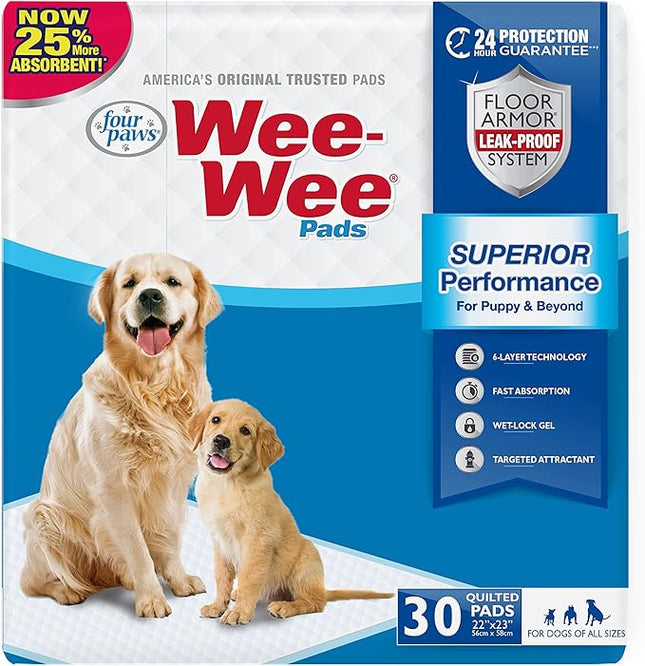 Four Paws Wee-Wee Superior Performance Unscented Pee Pads for Dogs & Puppies, Quilted Leak-Proof Dog Housebreaking Potty Training Floor Protection, 22" x 23", 30 Count