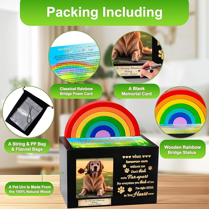 Wooden Rainbow Bridge Keepsakes Pet Urns, Handcrafted Dog/Cat Pet Urn, A Memorial Solemn Set, Pet Ashes Box with Photo Frame, Poem, Personalized Name Tag,Flannel Bag,Pet Sympathy Remembrance Gift