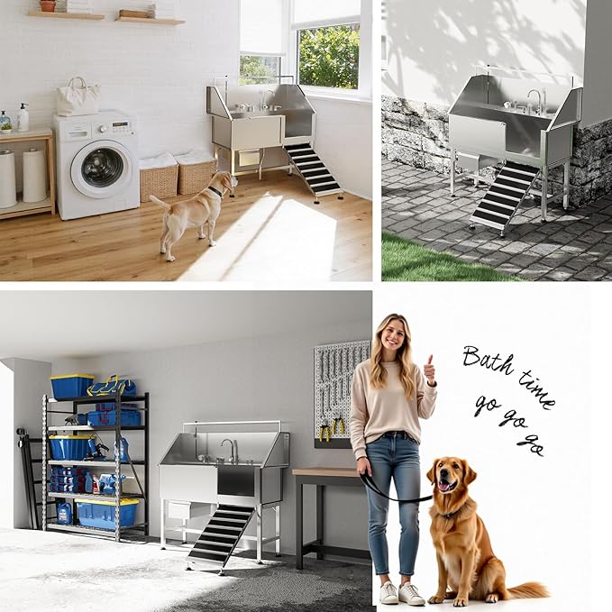 Dog Washing Station,Professional 56" Stainless Steel Dog Bathing Station for Large Dog Height Adjustable Dog Wash Station for Home Dog Grooming Tub With Drawer, Floor Grate & Fauct (Right Ramp)